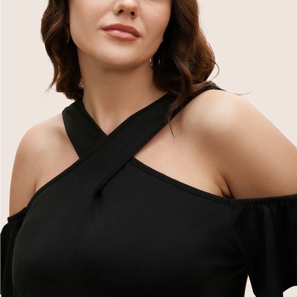 Bloomchic Solid Overlap Collar Ruffle Sleeve T-Shirt - Picture 2 of 7